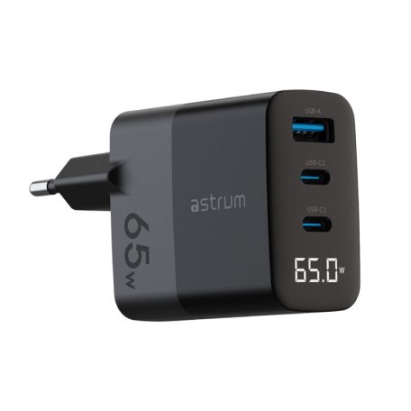 Astrum Watz 65G hálózati PD, GaN töltő 2X Type-C 1X USB-A, 65W, 3.4A, fekete