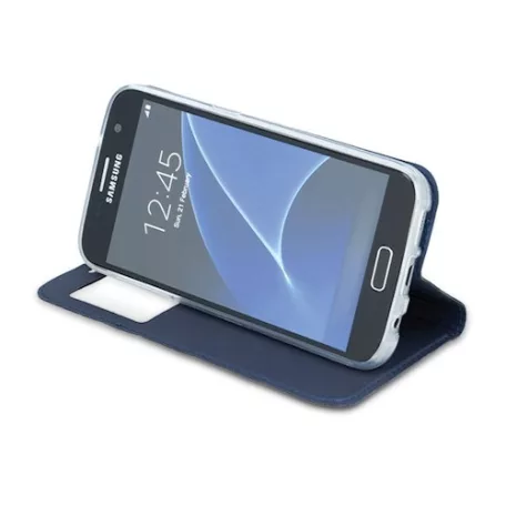 Smart Look Samsung G970F Galaxy S10e oldalra nyíló bőrhatású ablakos könyv tok szilikon belsővel sötétkék