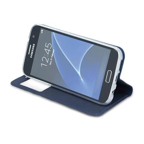 Smart Look Samsung G970F Galaxy S10e oldalra nyíló bőrhatású ablakos könyv tok szilikon belsővel sötétkék