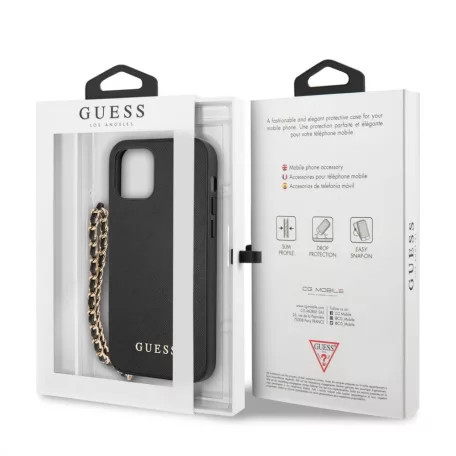 Guess Apple iPhone 12 / 12 Pro 2020 (6.1) PU Saffiano Gold Chain Case hátlapvédő tok fekete (GUHCP12MSASGBK)