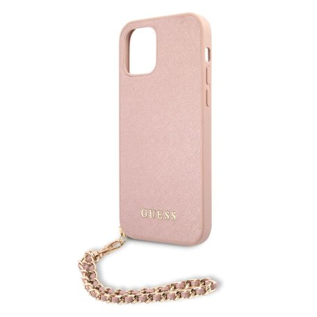 Guess Apple iPhone 12 / 12 Pro 2020 (6.1) PU Saffiano Gold Chain Case hátlapvédő tok pink (GUHCP12MSASGPI)