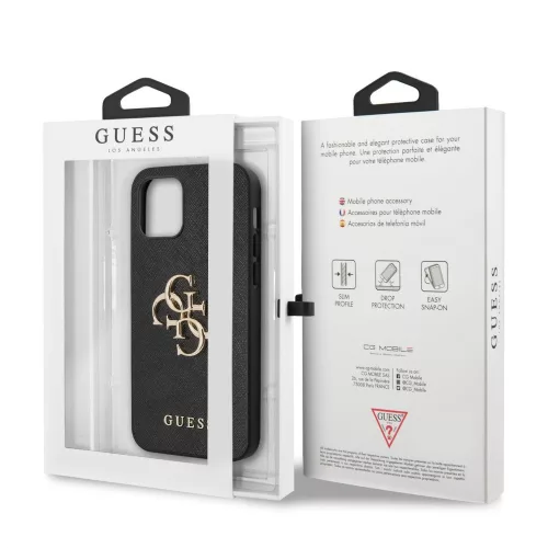 Guess Apple iPhone 12 Pro Max 2020 (6.7) PU Saffiano Big 4G Metal Logo Case hátlapvédő tok fekete (GUHCP12LSA4GGBK)