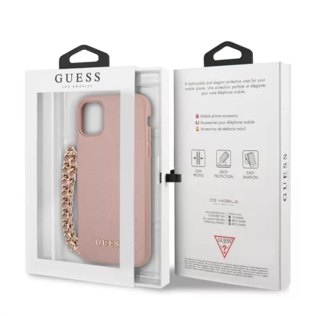 Guess Apple iPhone 11 (6.1) 2019 PU Saffiano Gold Chain Case hátlapvédő tok pink (GUHCN61SASGPI)