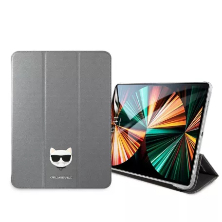 Karl Lagerfeld Apple iPad Pro 12.9 (2021) Choupette Head Saffiano oldalra nyíló könyv tok ezüst (KLFC12OCHG)