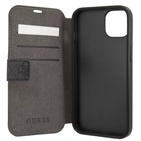 Guess Apple iPhone 13 (6.1) PU 4G Metal Logo oldalra nyíló könyv tok szürke (GUBKP13M4GMGGR)