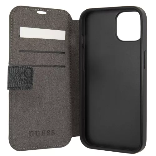 Guess Apple iPhone 13 (6.1) PU 4G Metal Logo oldalra nyíló könyv tok szürke (GUBKP13M4GMGGR)