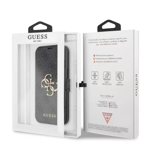 Guess Apple iPhone 13 (6.1) PU 4G Metal Logo oldalra nyíló könyv tok szürke (GUBKP13M4GMGGR)
