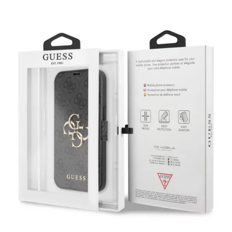 Guess Apple iPhone 13 Pro (6.1) PU 4G Metal Logo oldalra nyíló könyv tok szürke (GUBKP13L4GMGGR)
