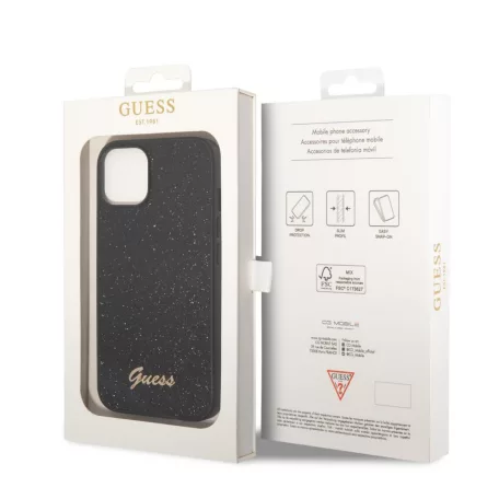 Guess Apple iPhone 14 Pro Max (6.7) PC/TPU Glitter Flakes Metal Logo hátlapvédő tok fekete (GUHCP14XHGGSHK)