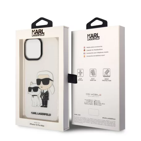 Karl Lagerfeld IML Glitter Karl and Choupette NFT Apple iPhone 13 Pro Max (6.7) hátlapvédő tok átlátszó (KLHCP13XHNKCTGT)