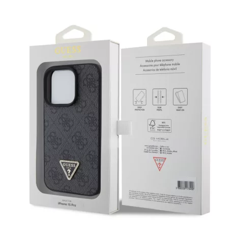 Guess Apple iPhone 15 Pro (6.1) PU 4G Strass Triangle Metal Logo hátlapvédő tok fekete (GUHCP15LP4TDPK)