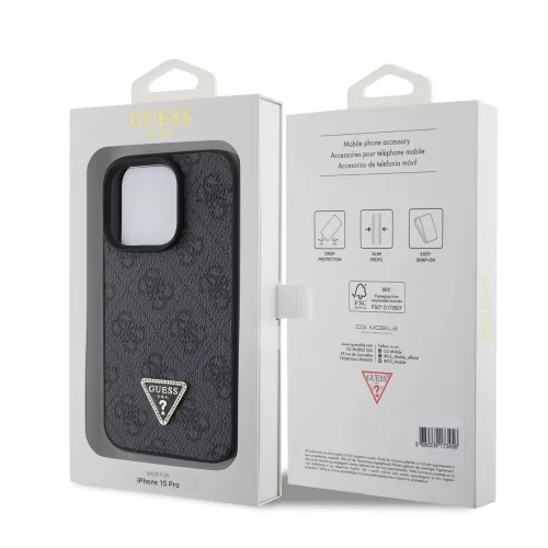 Guess Apple iPhone 15 Pro (6.1) PU 4G Strass Triangle Metal Logo hátlapvédő tok fekete (GUHCP15LP4TDPK)