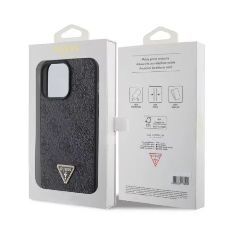 Guess Apple iPhone 15 Pro Max (6.7) PU 4G Strass Triangle Metal Logo hátlapvédő tok fekete (GUHCP15XP4TDPK)