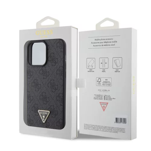 Guess Apple iPhone 15 Pro Max (6.7) PU 4G Strass Triangle Metal Logo hátlapvédő tok fekete (GUHCP15XP4TDPK)
