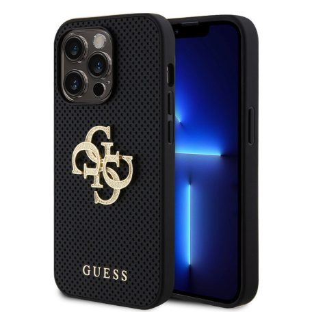 Guess Apple iPhone 14 Pro Max (6.7) PU Perforated 4G Glitter Metal Logo hátlapvédő tok fekete (GUHCP14XPSP4LGK)