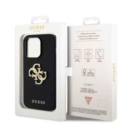 Guess Apple iPhone 14 Pro Max (6.7) PU Perforated 4G Glitter Metal Logo hátlapvédő tok fekete (GUHCP14XPSP4LGK)