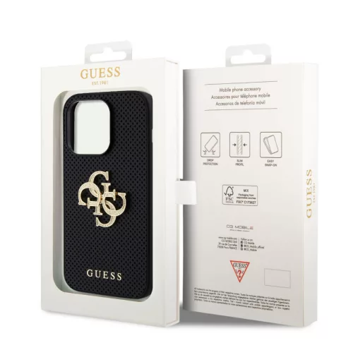 Guess Apple iPhone 14 Pro Max (6.7) PU Perforated 4G Glitter Metal Logo hátlapvédő tok fekete (GUHCP14XPSP4LGK)