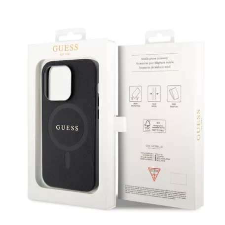 Guess Apple iPhone 15 Pro Max (6.7) PU Saffiano MagSafe hátlapvédő tok fekete (GUHMP15XPSAHMCK)