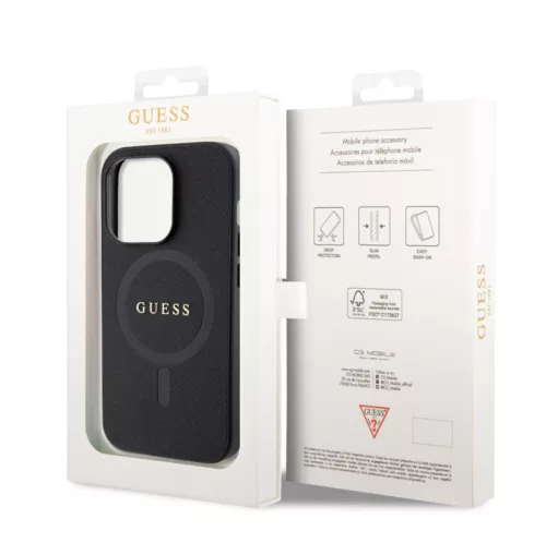 Guess Apple iPhone 15 Pro Max (6.7) PU Saffiano MagSafe hátlapvédő tok fekete (GUHMP15XPSAHMCK)