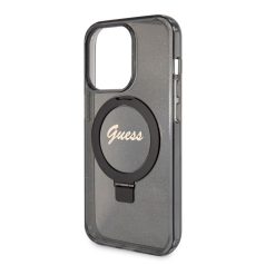   Guess Apple iPhone 15 Pro (6.1) IML Ring Stand Glitter MagSafe hátlapvédő tok fekete (GUHMP15LHRSGSK)