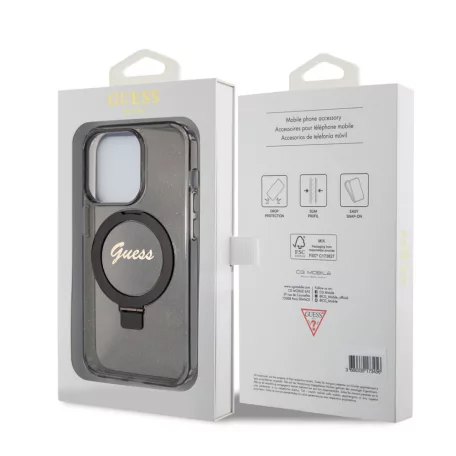 Guess Apple iPhone 15 Pro Max (6.7) IML Ring Stand Glitter MagSafe hátlapvédő tok fekete (GUHMP15XHRSGSK)