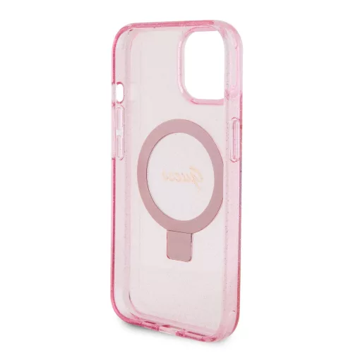 Guess Apple iPhone 15 (6.1) IML Ring Stand Glitter MagSafe hátlapvédő tok pink (GUHMP15SHRSGSP)
