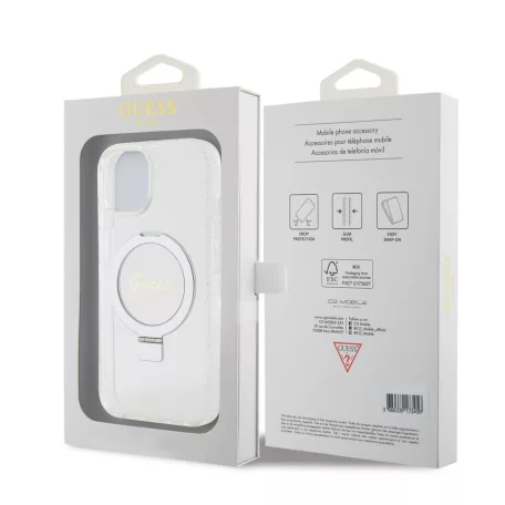 Guess Apple iPhone 15 (6.1) IML Ring Stand Glitter MagSafe hátlapvédő tok átlátszó (GUHMP15SHRSGSD)