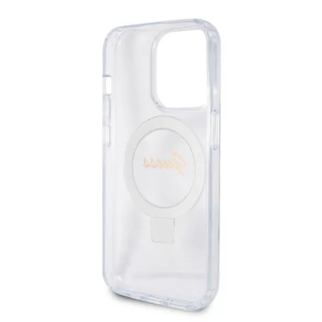 Guess Apple iPhone 15 Pro Max (6.7) IML Ring Stand Glitter MagSafe hátlapvédő tok átlátszó (GUHMP15XHRSGSD)