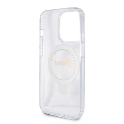 Guess Apple iPhone 15 Pro Max (6.7) IML Ring Stand Glitter MagSafe hátlapvédő tok átlátszó (GUHMP15XHRSGSD)