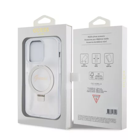 Guess Apple iPhone 15 Pro Max (6.7) IML Ring Stand Glitter MagSafe hátlapvédő tok átlátszó (GUHMP15XHRSGSD)