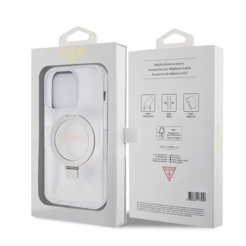 Guess Apple iPhone 15 Pro Max (6.7) IML Ring Stand Glitter MagSafe hátlapvédő tok átlátszó (GUHMP15XHRSGSD)