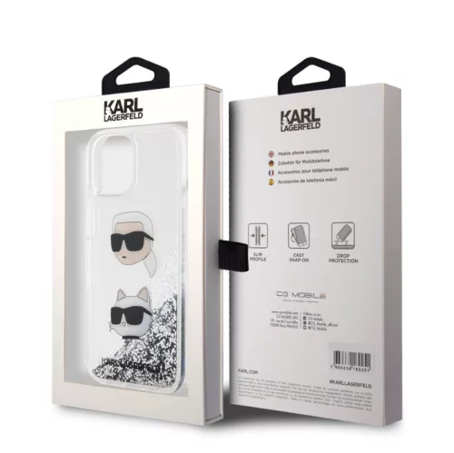 Karl Lagerfeld Liquid Glitter Karl and Choupette Apple iPhone 15 Pro (6.1) hátlapvédő tok ezüst (KLHCP15LLDHKCNS)