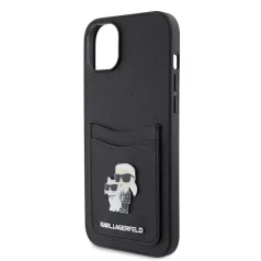   Karl Lagerfeld PU Saffiano Card Slot Metal Karl and Choupette Apple iPhone 15 (6.1) hátlapvédő tok fekete (KLHCP15SSAPKCNPK)