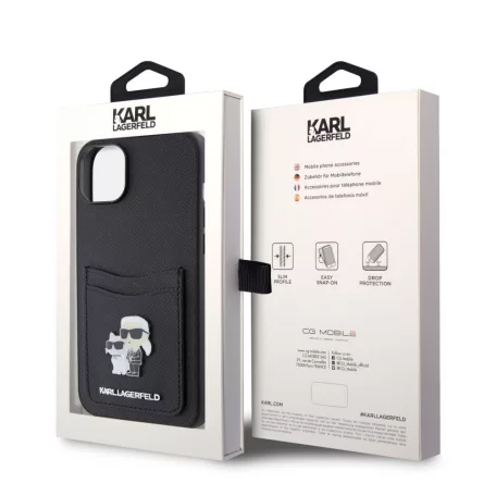 Karl Lagerfeld PU Saffiano Card Slot Metal Karl and Choupette Apple iPhone 15 (6.1) hátlapvédő tok fekete (KLHCP15SSAPKCNPK)