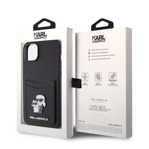 Karl Lagerfeld PU Saffiano Card Slot Metal Karl and Choupette Apple iPhone 15 (6.1) hátlapvédő tok fekete (KLHCP15SSAPKCNPK)