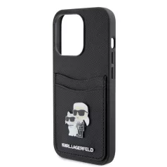   Karl Lagerfeld PU Saffiano Card Slot Metal Karl and Choupette Apple iPhone 15 Pro (6.1) hátlapvédő tok fekete (KLHCP15LSAPKCNPK)