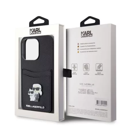 Karl Lagerfeld PU Saffiano Card Slot Metal Karl and Choupette Apple iPhone 15 Pro (6.1) hátlapvédő tok fekete (KLHCP15LSAPKCNPK)