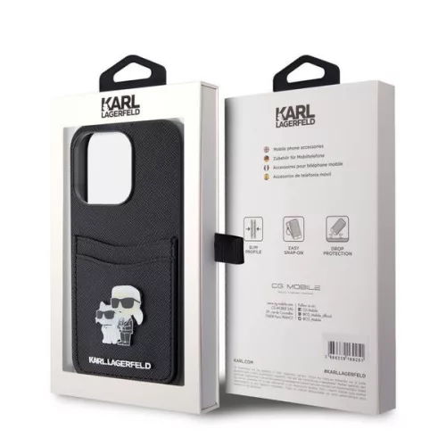 Karl Lagerfeld PU Saffiano Card Slot Metal Karl and Choupette Apple iPhone 15 Pro (6.1) hátlapvédő tok fekete (KLHCP15LSAPKCNPK)
