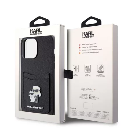 Karl Lagerfeld PU Saffiano Card Slot Metal Karl and Choupette Apple iPhone 15 Pro Max (6.7) hátlapvédő tok fekete (KLHCP15XSAPKCNPK)