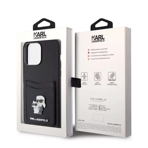 Karl Lagerfeld PU Saffiano Card Slot Metal Karl and Choupette Apple iPhone 15 Pro Max (6.7) hátlapvédő tok fekete (KLHCP15XSAPKCNPK)