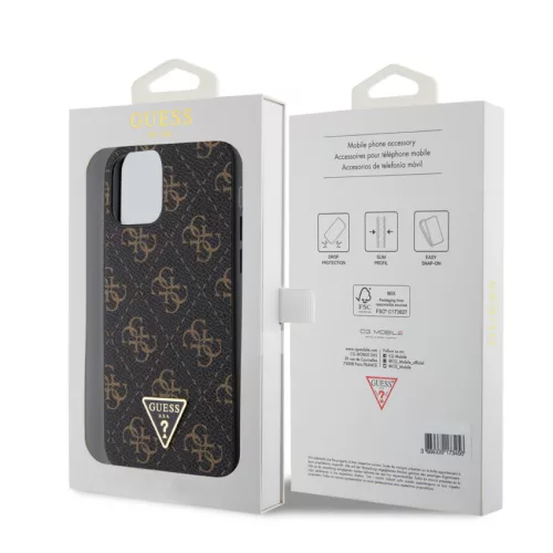 Guess Apple iPhone 12 Pro Max 2020 (6.7) PU Leather Metal Triangle hátlapvédő tok fekete (GUHCP12LPG4GPK)