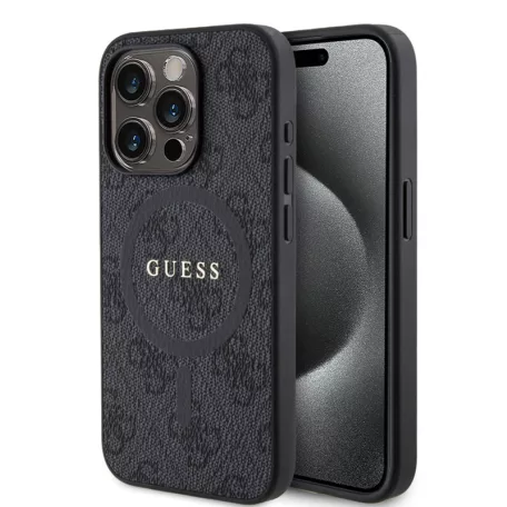 Guess PU Leather Colored Ring MagSafe Apple iPhone 15 Pro Max (6.7) hátlapvédő tok fekete (GUHMP15XG4GFRK)