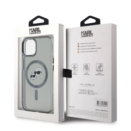 Karl Lagerfeld IML K&CH Heads Metal Frame MagSafe Apple iPhone 15 Pro (6.1) hátlapvédő tok fekete (KLHMP15LHLSKCK)