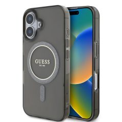  Guess Apple iPhone 16 (6.1) IML Glitter Ring hátlapvédő MagSafe tok fekete (GUHMP16SHFGEREK)