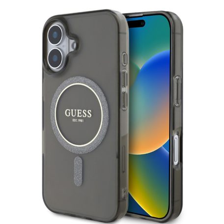 Guess Apple iPhone 16 Pro (6.3) IML Glitter Ring hátlapvédő MagSafe tok fekete (GUHMP16SHFGEREK)