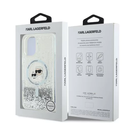 Karl Lagerfeld Liquid Glitter Karl and Choupette Heads MagSafe Apple iPhone 16 Pro Max (6.9) hátlapvédő tok ezüst (KLHMP16XLGKCSGH)