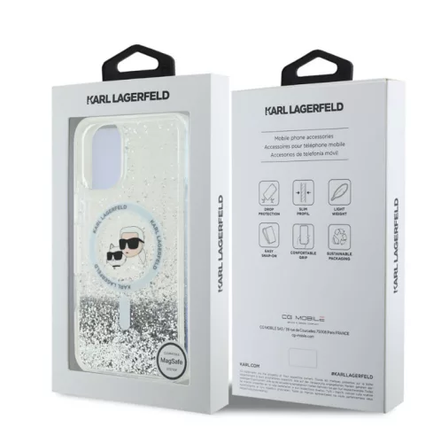 Karl Lagerfeld Liquid Glitter Karl and Choupette Heads MagSafe Apple iPhone 16 Pro Max (6.9) hátlapvédő tok ezüst (KLHMP16XLGKCSGH)