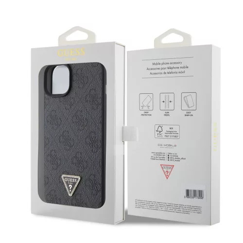Guess Apple iPhone 16 (6.1) PU 4G Strass Triangle Metal Logo hátlapvédő tok fekete (GUHCP16SP4TDPK)