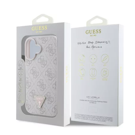 Guess Apple iPhone 16 Pro (6.3) PU 4G Strass Triangle Metal Logo hátlapvédő tok pink (GUHCP16LP4TDPP)