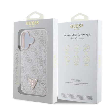 Guess Apple iPhone 16 Pro Max (6.9) PU 4G Strass Triangle Metal Logo hátlapvédő tok pink (GUHCP16X P4TDPP)